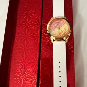 Guess Gold Watch with White Band and Pink Dial